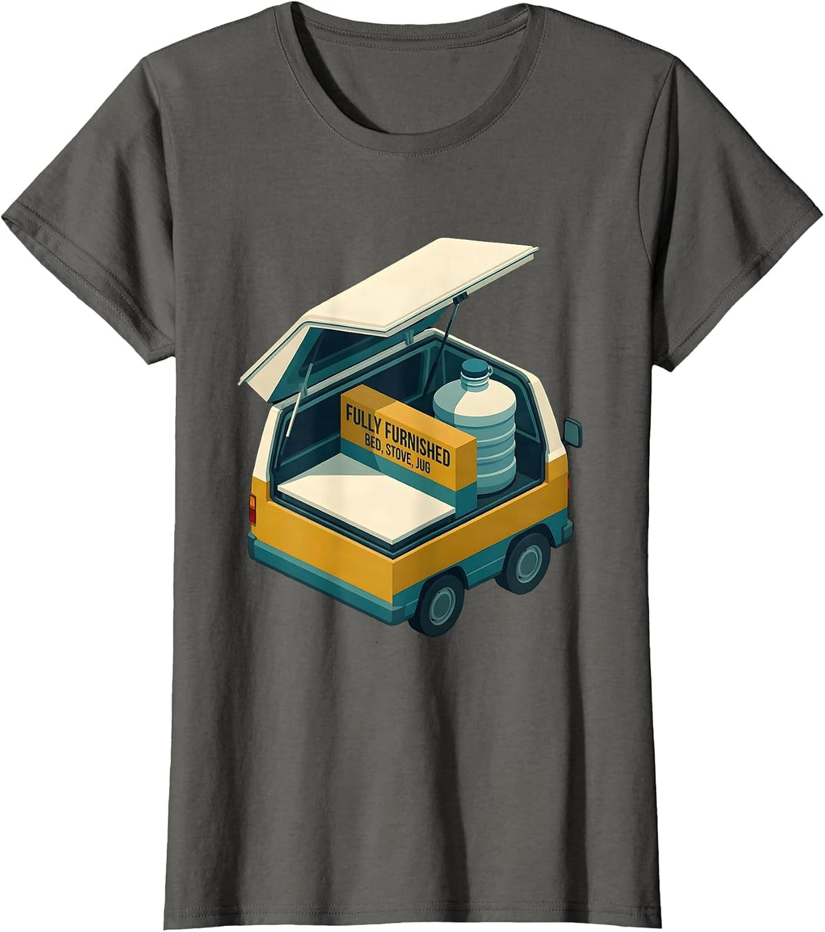 Women's Fully Furnished: Bed, Stove, Jug Retro Van Life Camper Van T-Shirt - Asphalt Grey