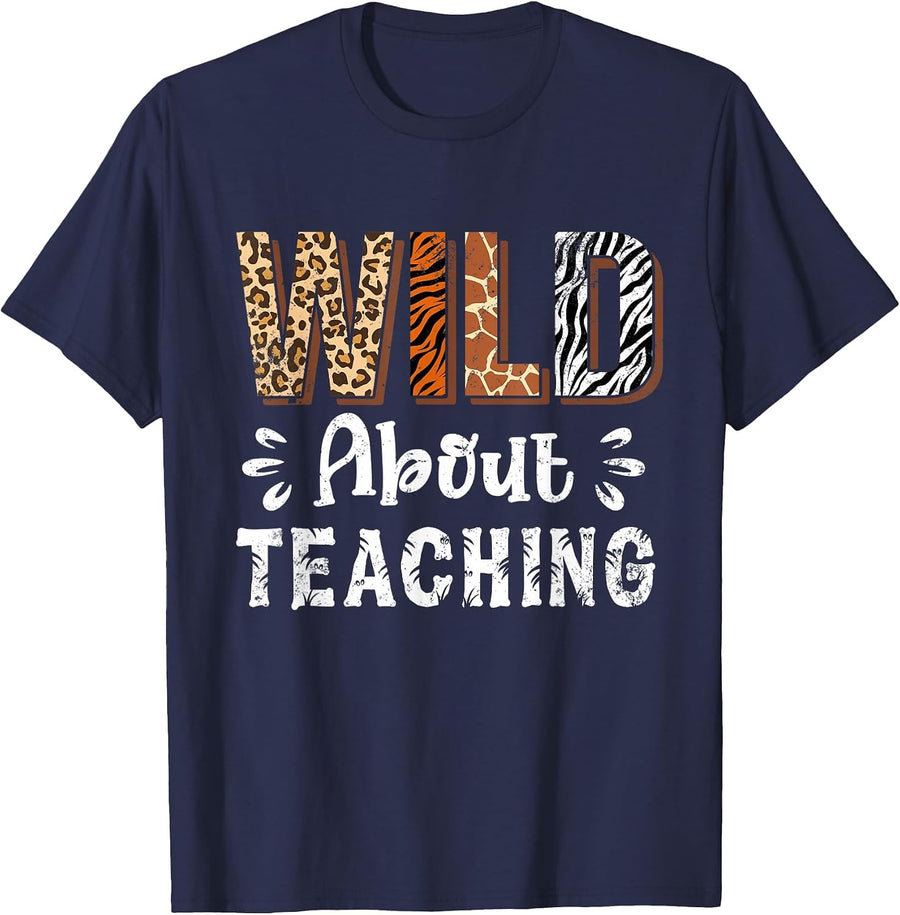 Wild About Teaching Teacher Lover Animals Leopard Zebra T-Shirt - Navy Blue