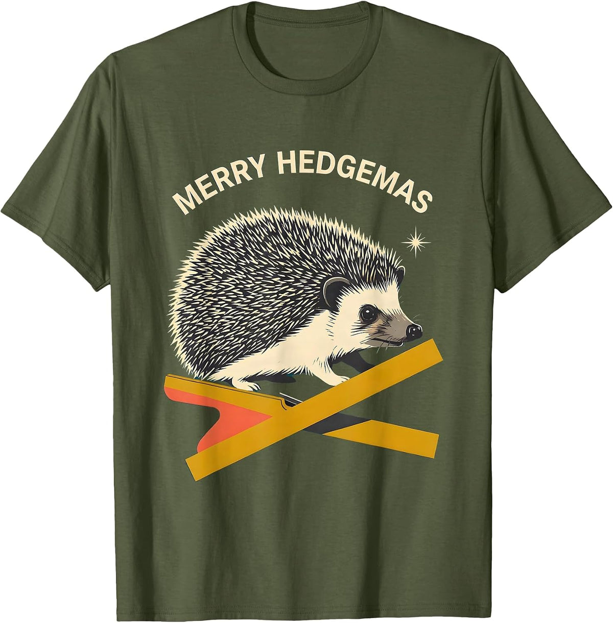 Men's Merry Hedgemas Midcentury Modern Hedgehog Christmas Humor T-Shirt - Olive Green