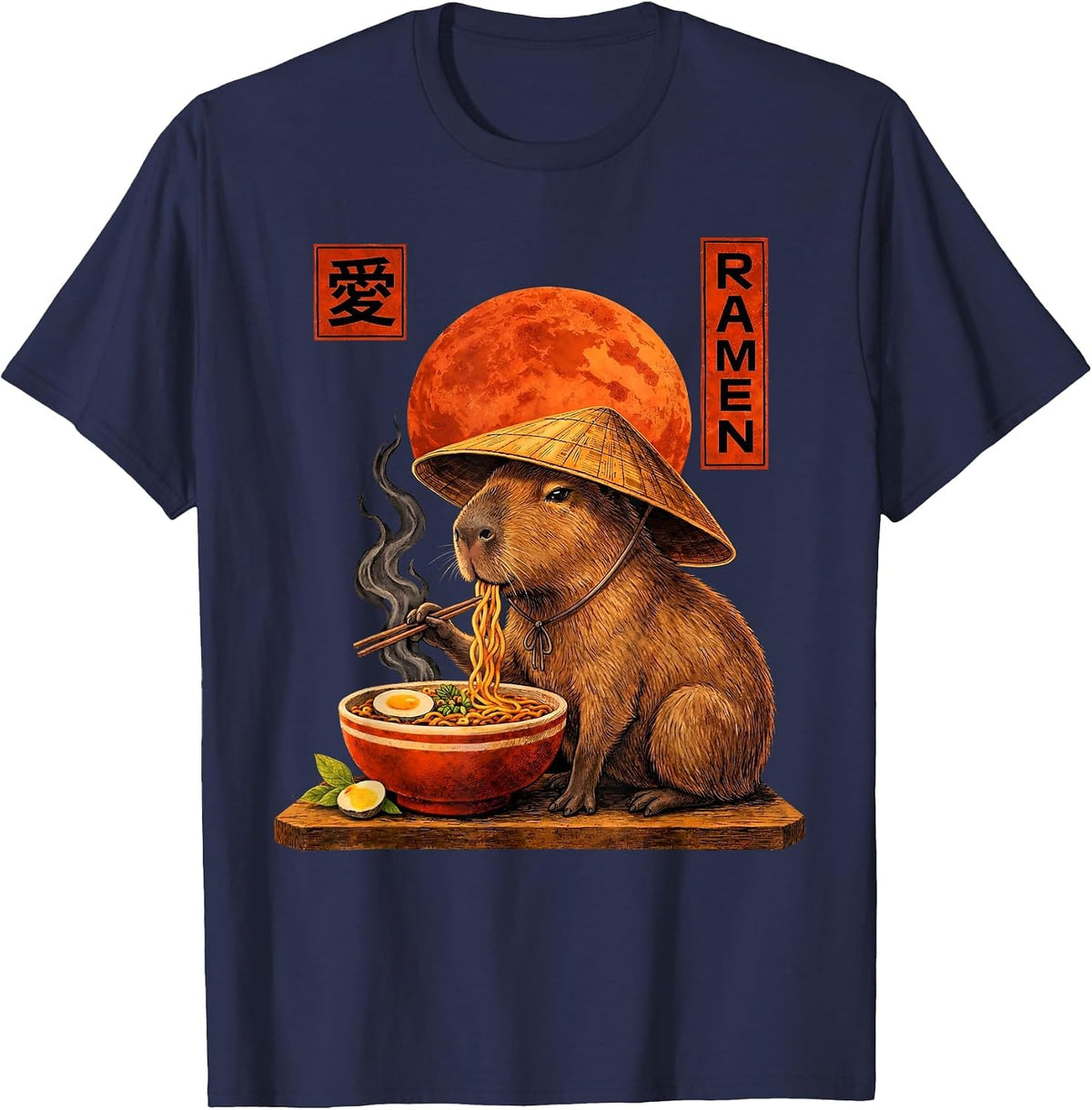 Capybara Ramen Japanese Art Funny Anime Graphic Tee Kawaii T-Shirt - Navy Blue