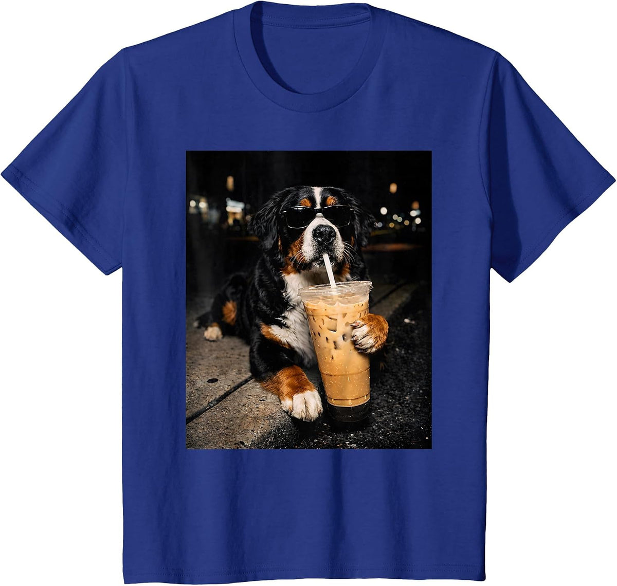 Bernese Mountain Drinking Iced Coffee Lover Humor Funny Meme T-Shirt - Royal Blue