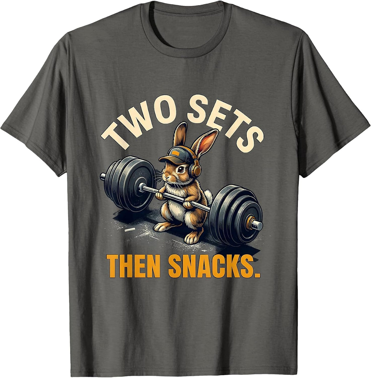 Two Sets Then Snacks Funny Gym Cat Meme Weightlifting Humor T-Shirt - Asphalt Grey