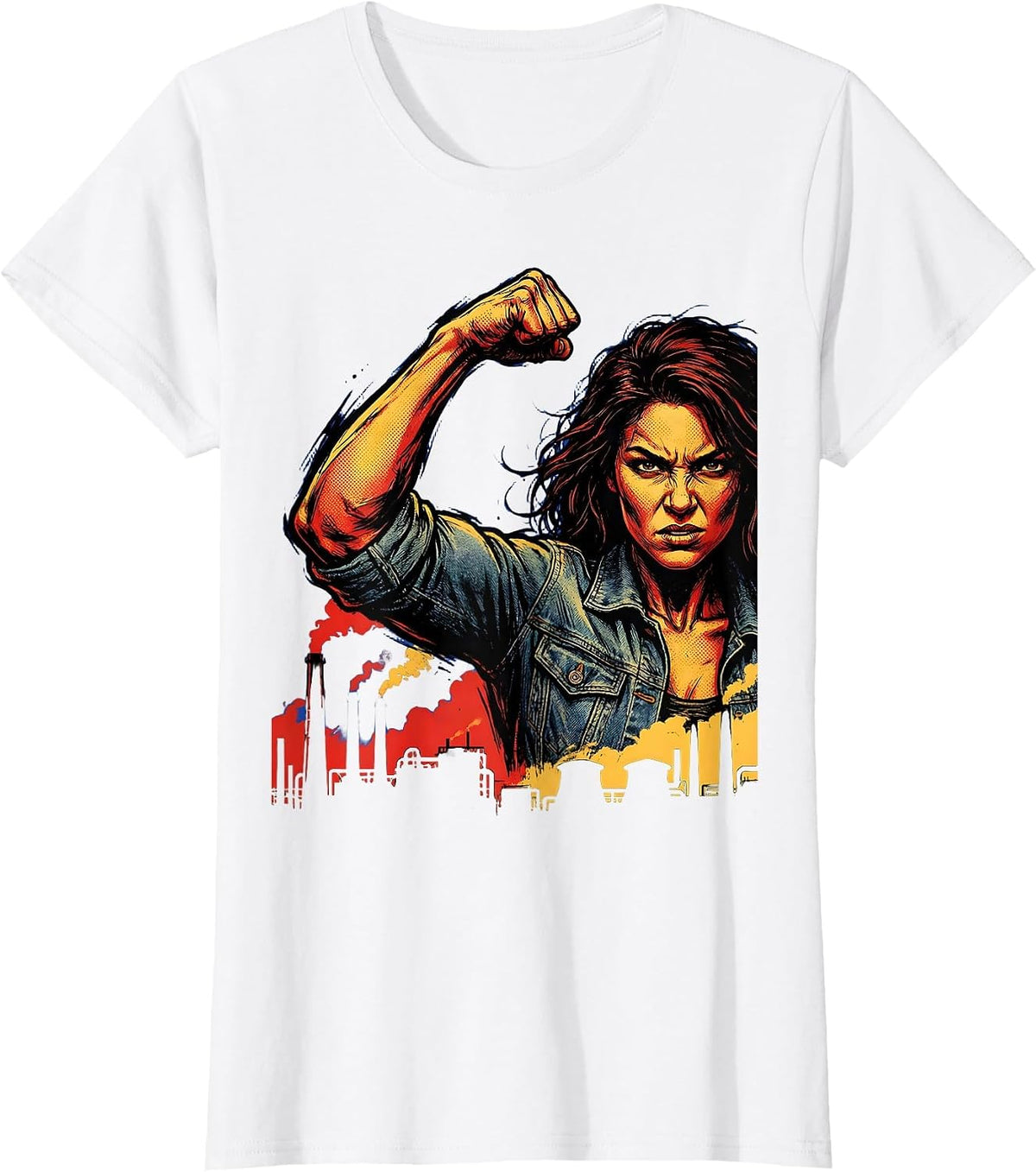 Rosie the Riveter Flexing Over Industrial Skyline T-Shirt - White
