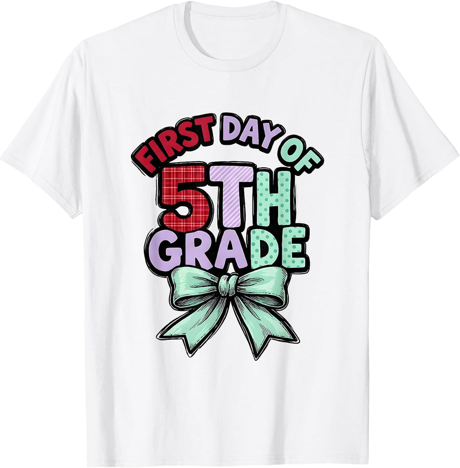 Men's First Day Of 5th Grade Coquette Bow Teacher Girl Back To T-Shirt - White