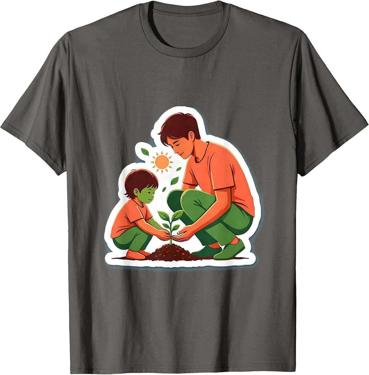 Daycare Teacher and Child Planting Seedling Together T-Shirt - Asphalt Grey