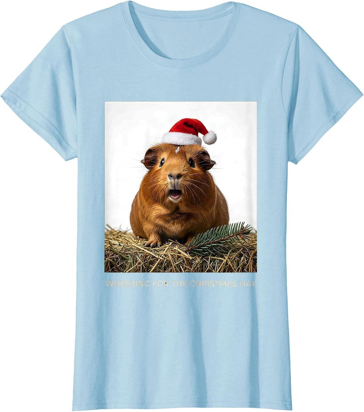 Women's Wheeking For The Christmas Hay Funny Guinea Pig Santa Hat T-Shirt - Baby Blue