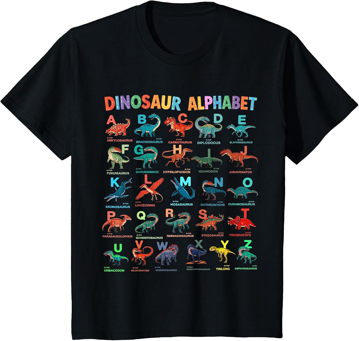 Types of Dinosaurs Alphabet A-Z ABC Dino Identification Kids T-Shirt - Black
