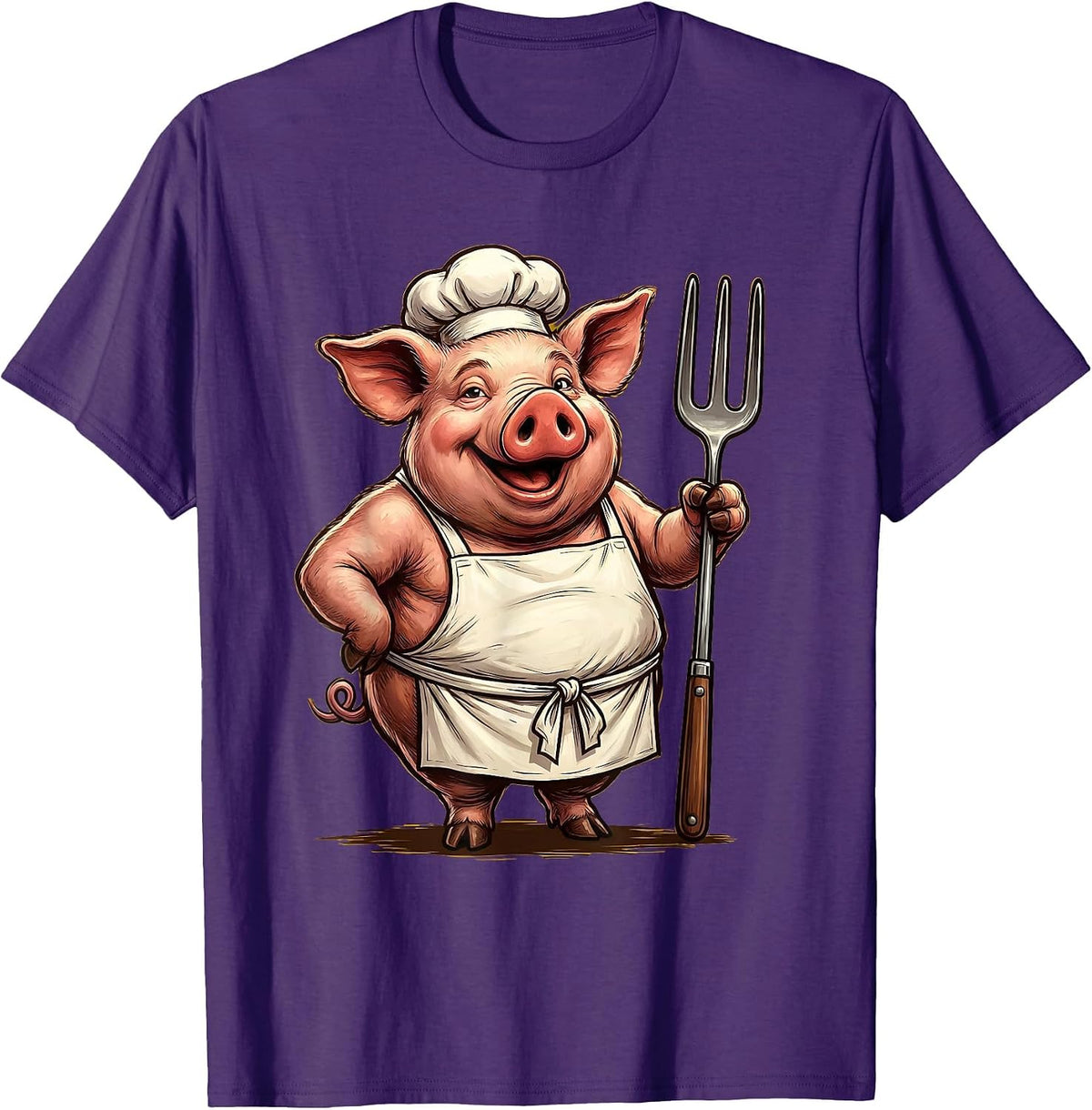 Pig Chef Apron Fork BBQ Grill Cooking Illustration T-Shirt - Purple