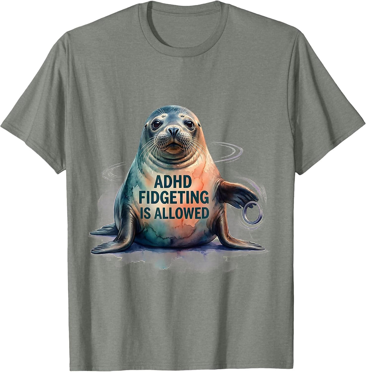 Men's ADHD Fidgeting Is Allowed Watercolor Seal Neurodivergent T-Shirt - Olive Heather
