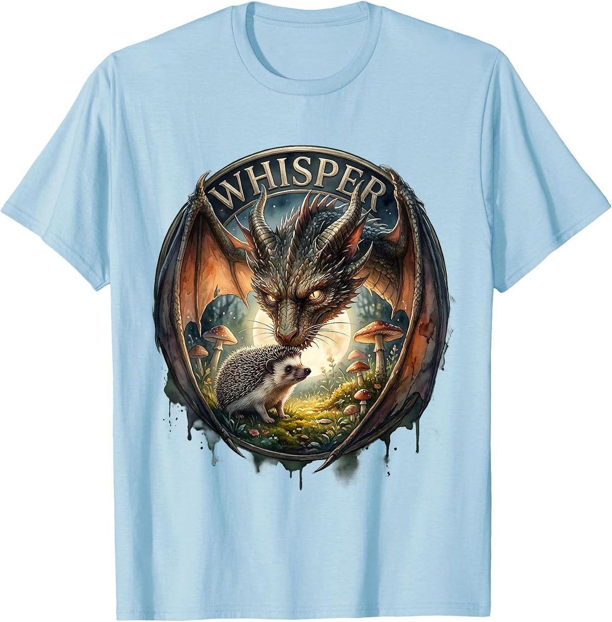 Men's Whisper Watercolor Dragon Cat Nose Boop Full Moon Fantasy T-Shirt - Baby Blue