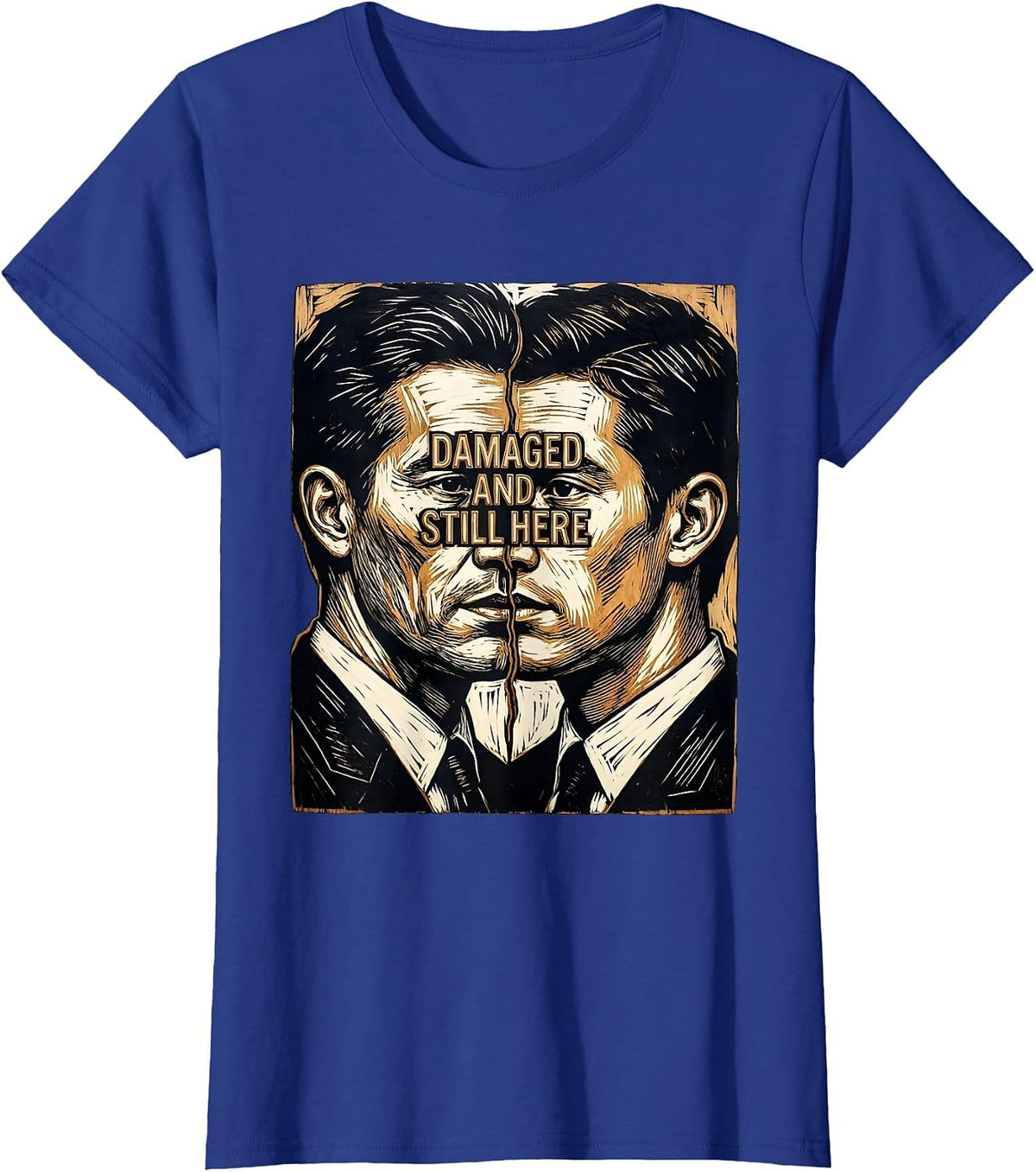 Women's Damaged And Still Here Linocut Mental Health Awareness T-Shirt - Royal Blue