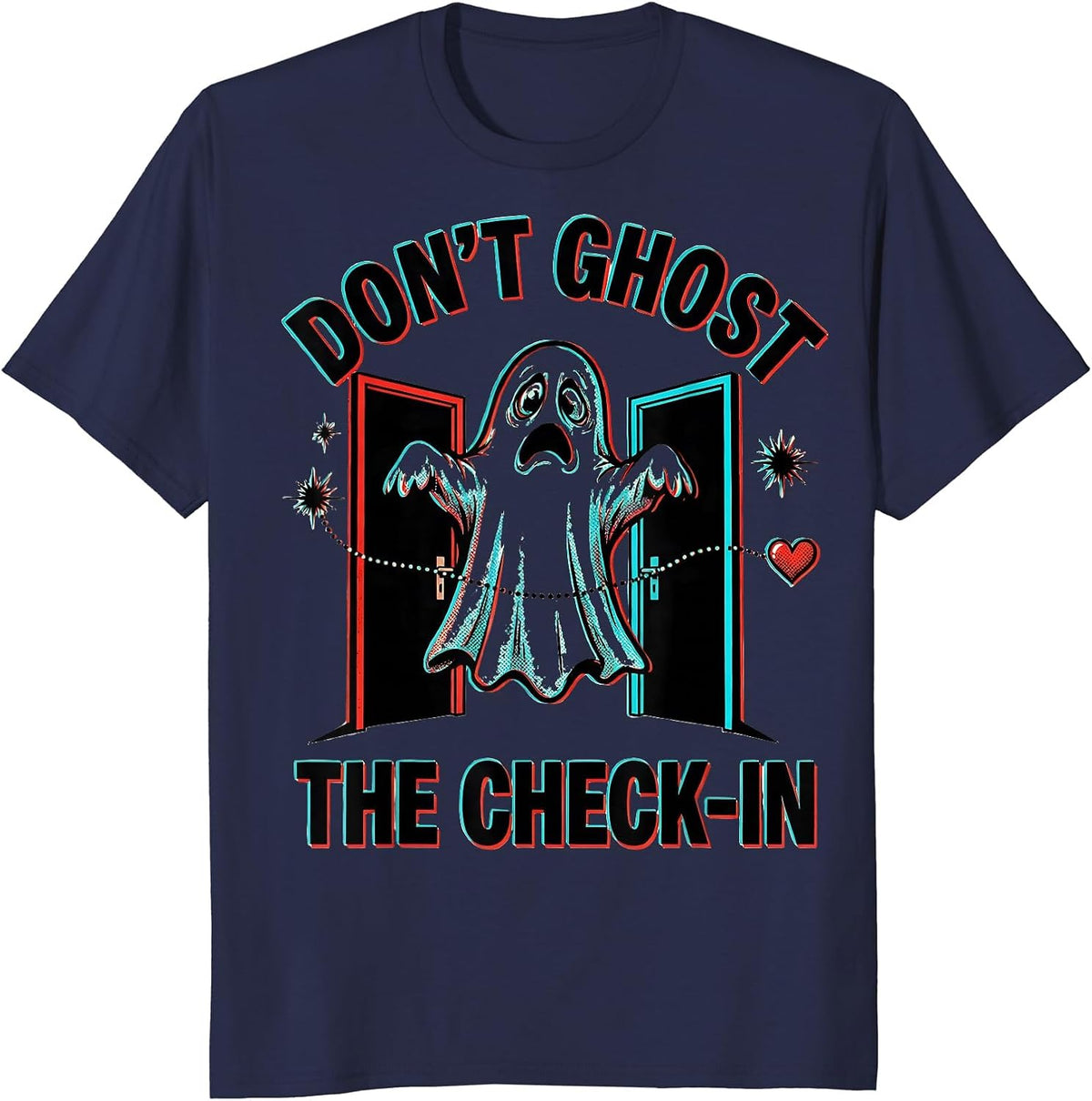 Don't Ghost the Check-In Pop Art Mental Health Ghost Pun T-Shirt - Navy Blue