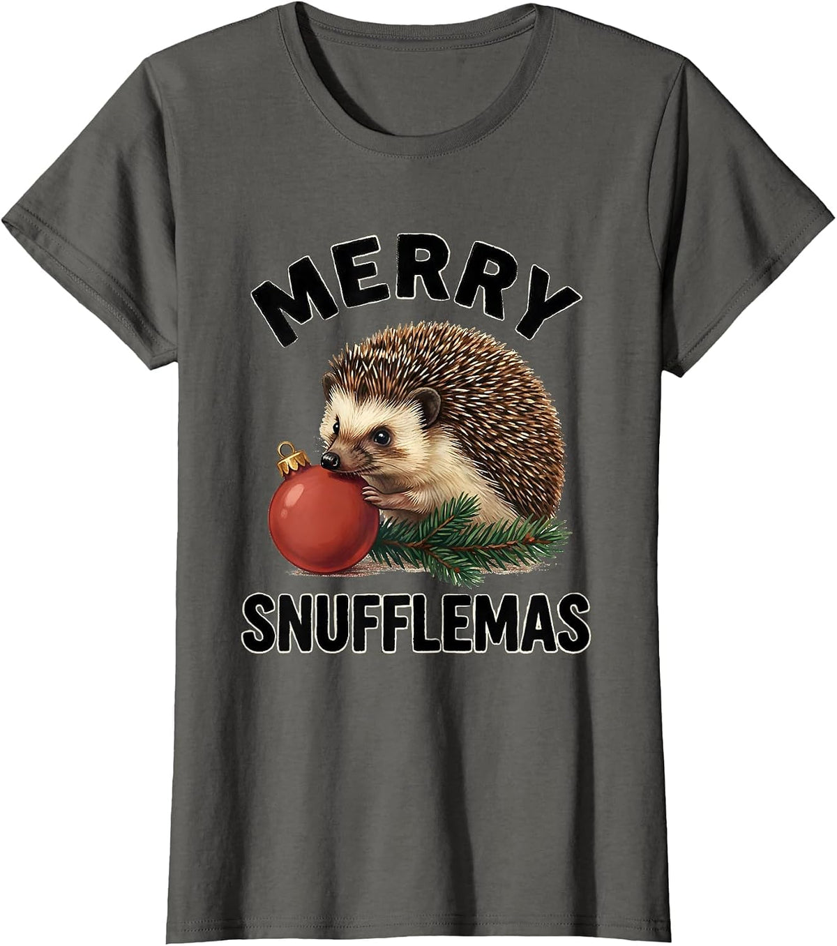 Women's Merry Snufflemas Storybook Hedgehog Christmas Humor Cute T-Shirt - Asphalt Grey