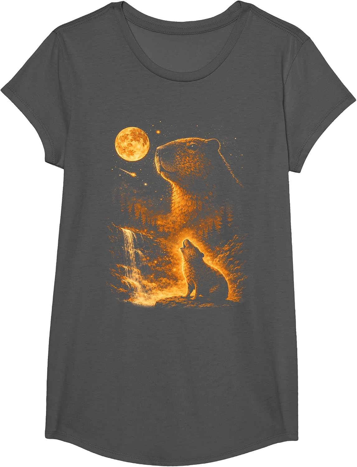 Vintage Capybara Howling At The Moon Meme 90s Animal Graphic T-Shirt - Girls Asphalt Grey