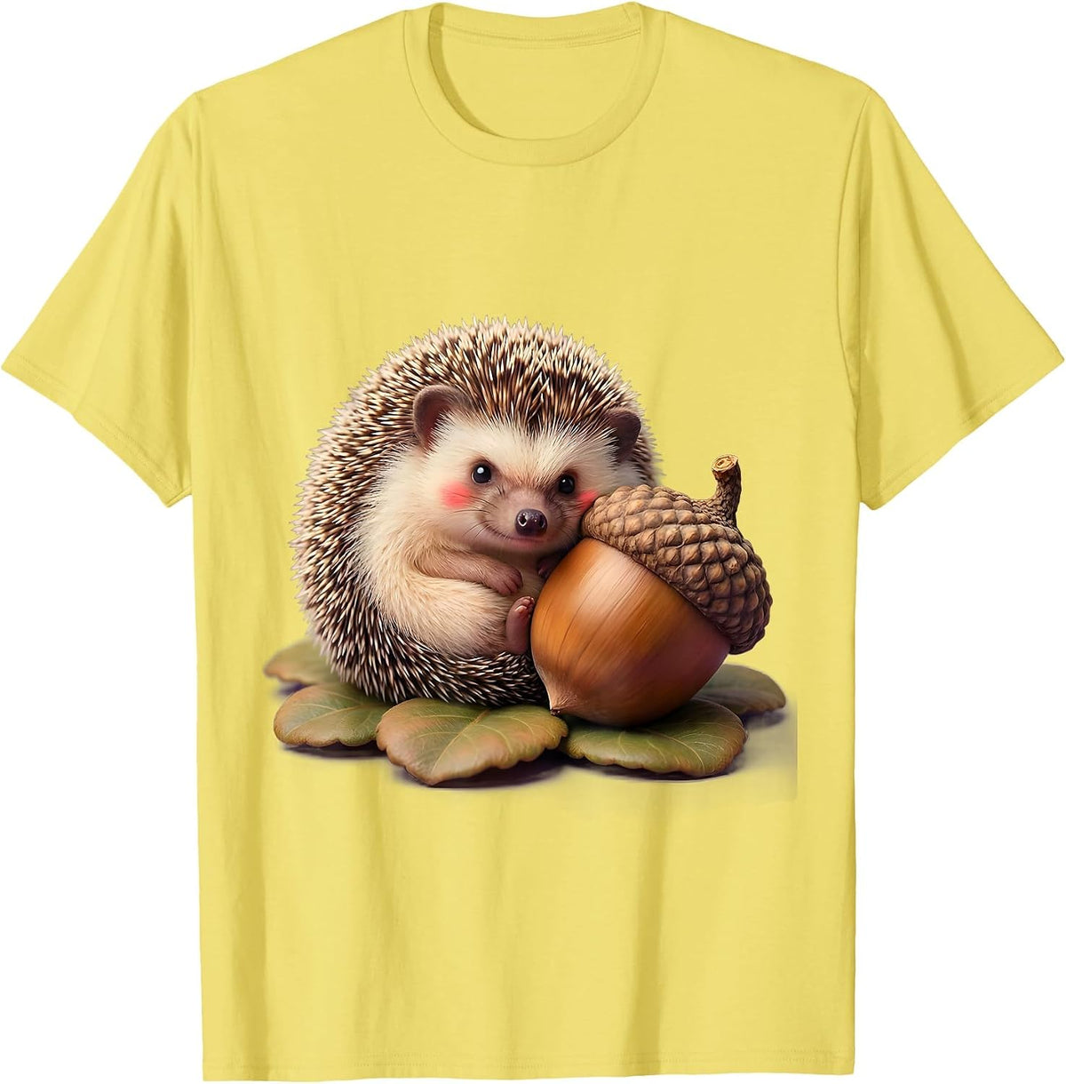 Men's Kawaii Hedgehog and Acorn Cute Forest Design T-Shirt - Lemon Yellow