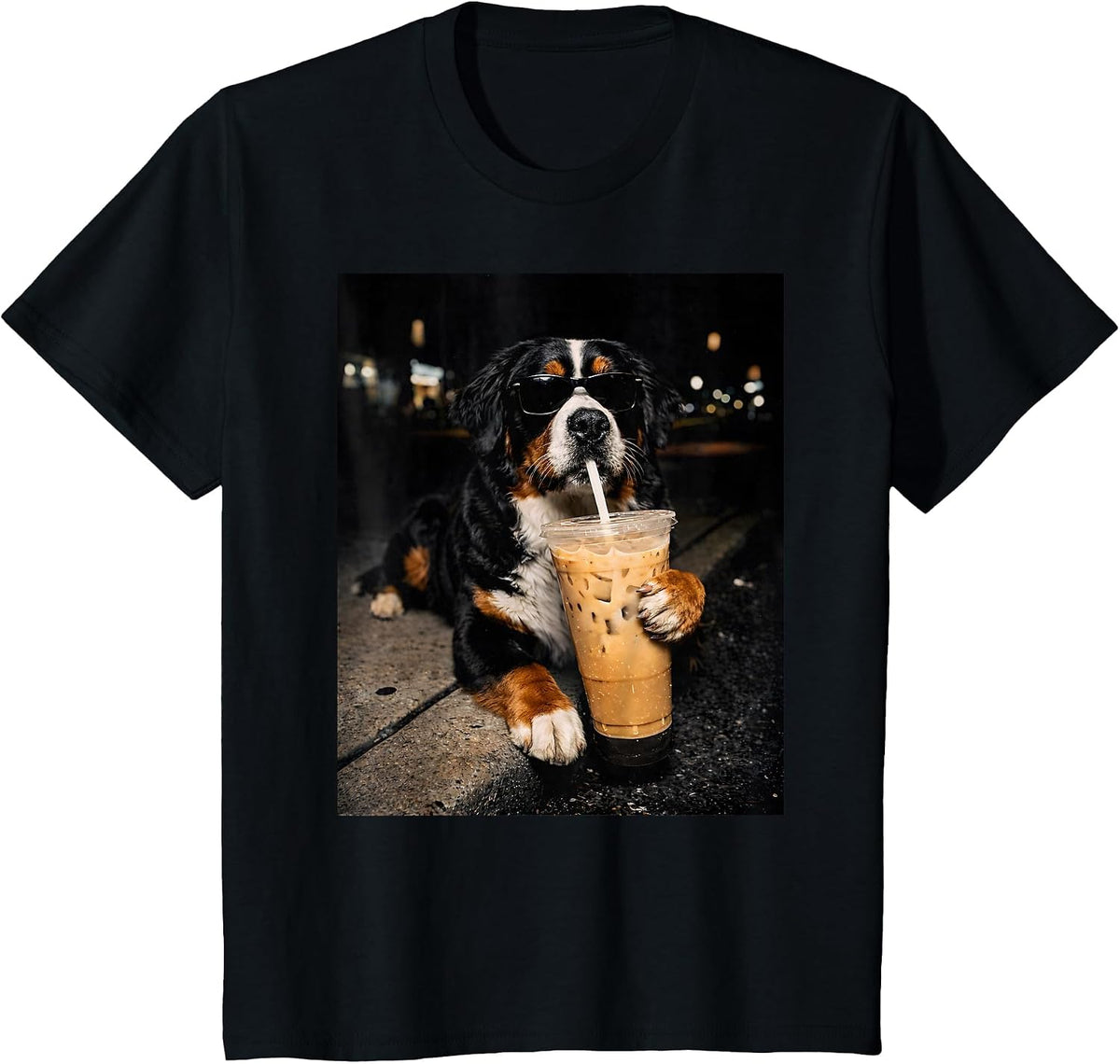 Bernese Mountain Drinking Iced Coffee Lover Humor Funny Meme T-Shirt - Black