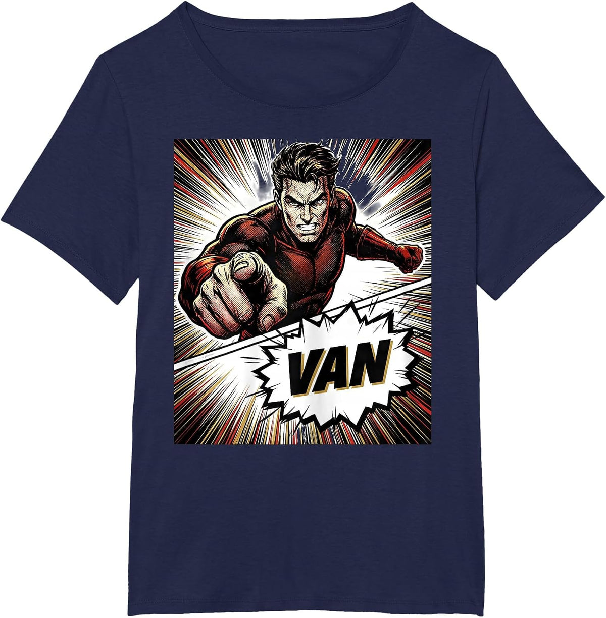 Women's VAN Comic Book Bold Typography Van Life Traveler Road Trip T-Shirt - Navy Blue