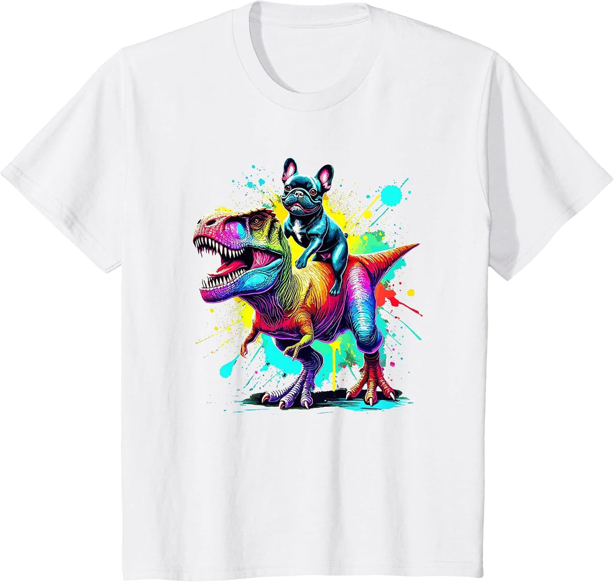 Splash Art Dinosaur T-Rex French Bulldog Frenchie T-Shirt - White
