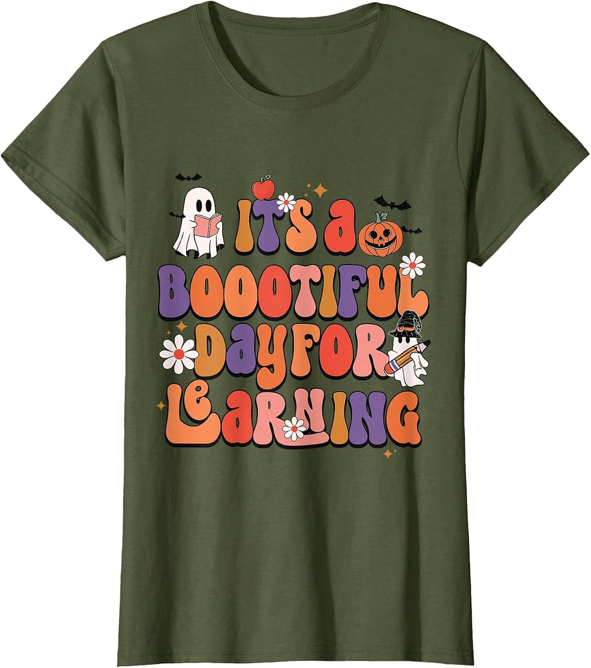 It's A Bootiful Day for Learning Cute Teacher Halloween T-Shirt - Olive Green