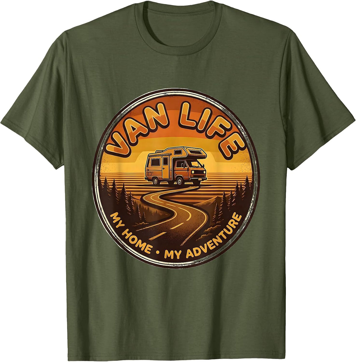 Van Life, My Home, My Adventure Retro Vintage Camper Van T-Shirt - Olive Green