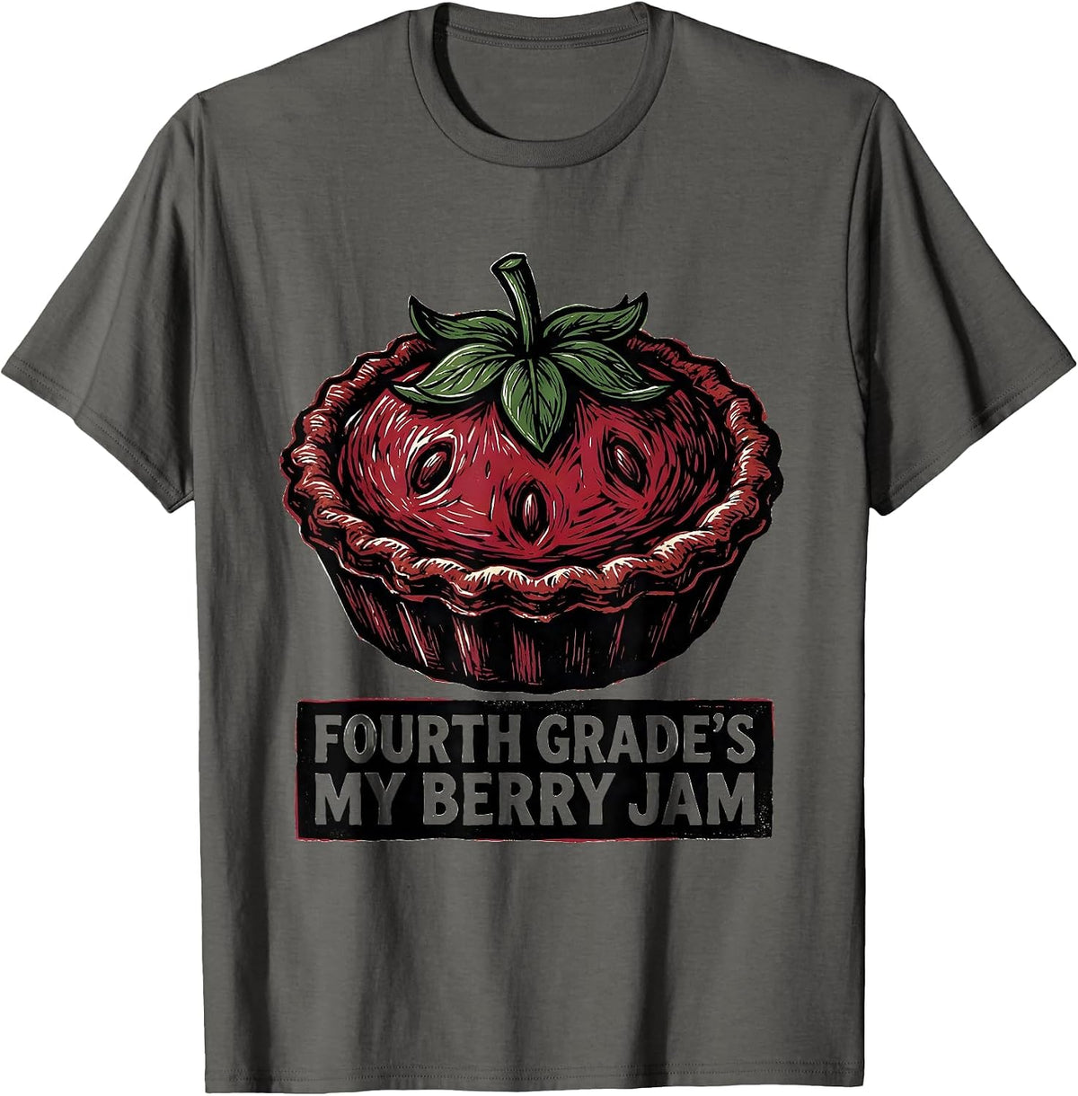 Men's Fourth Grade's My Berry Jam Linocut Strawberry Teacher Back T-Shirt - Asphalt Grey