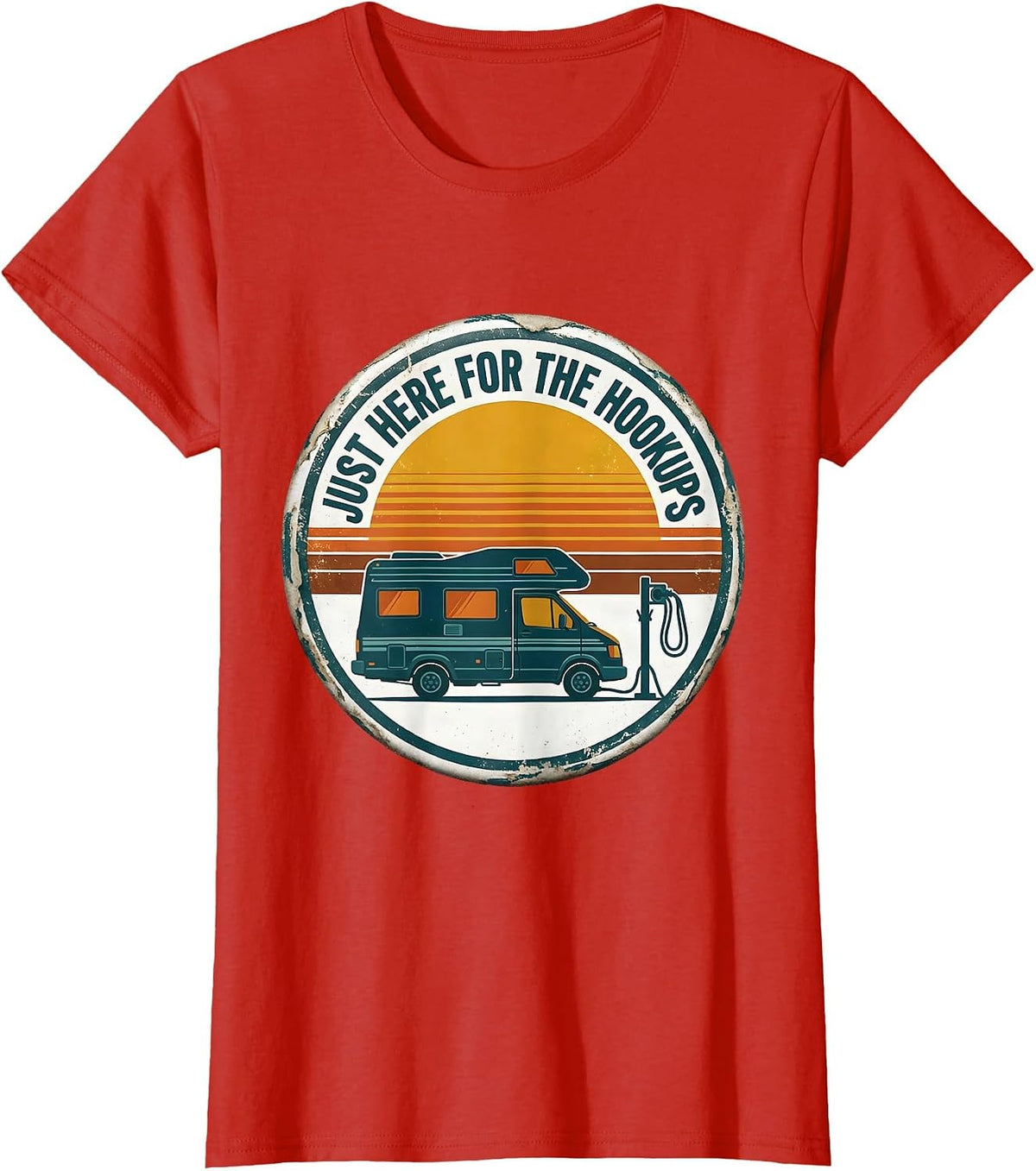 Women's Just Here For The Hookups Retro Van Life Nomad Badge T-Shirt - Red