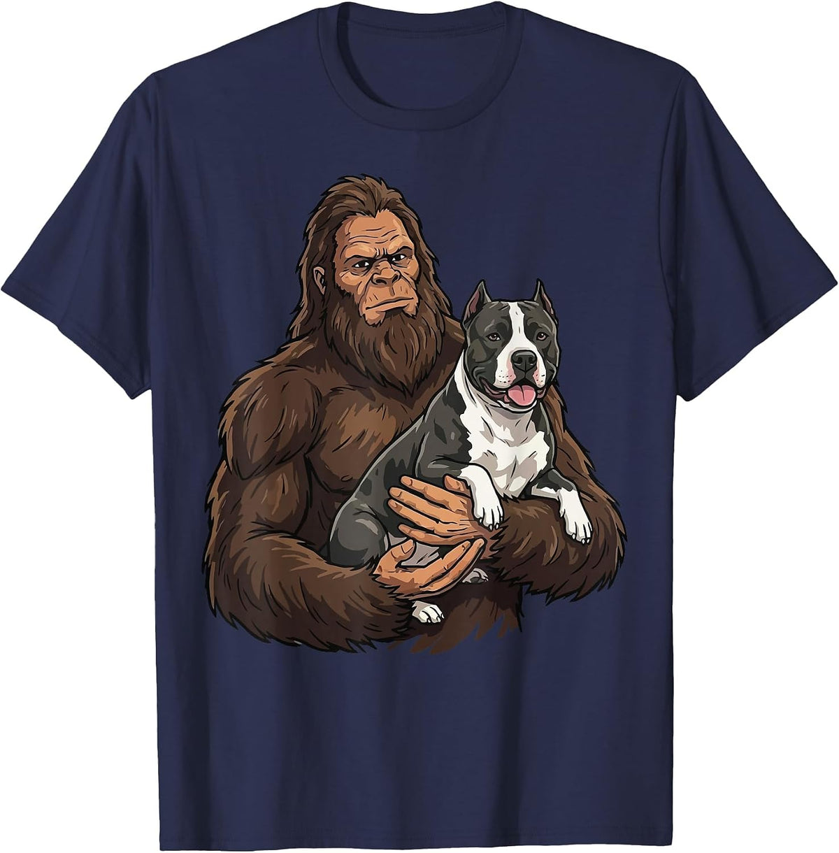 Bigfoot Holding Pitbull T-Shirt - Navy Blue