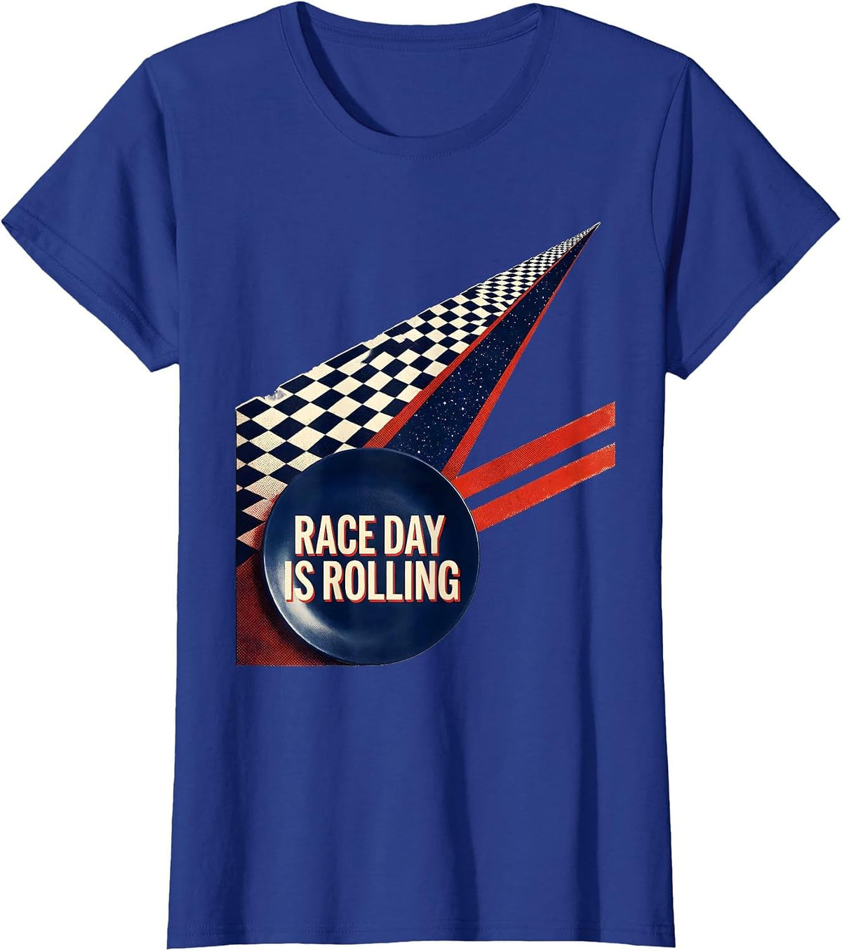 Women's Race Day Is Rolling Risograph Checkered Flag Racing Fan T-Shirt - Royal Blue