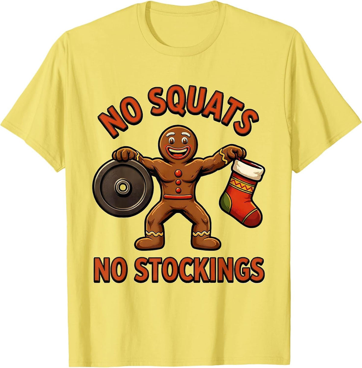 Men's No Squats No Stockings Retro Advertising Mascot Gym Humor T-Shirt - Lemon Yellow