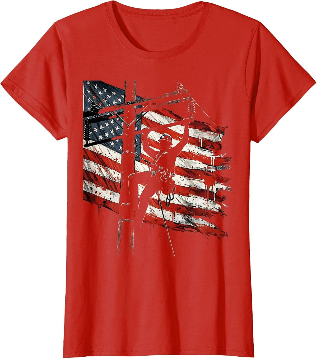 American Flag Lineman Silhouette Patriotic Design T-Shirt - Red