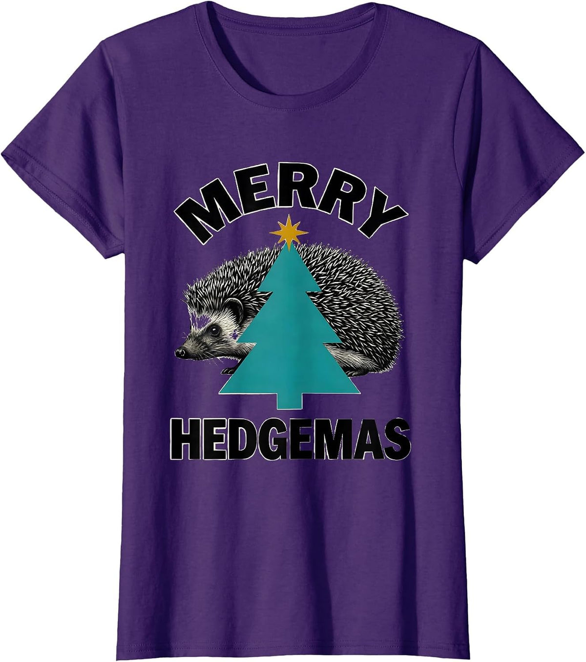 Women's Merry Hedgemas Midcentury Modern Hedgehog Christmas Tree T-Shirt - Purple