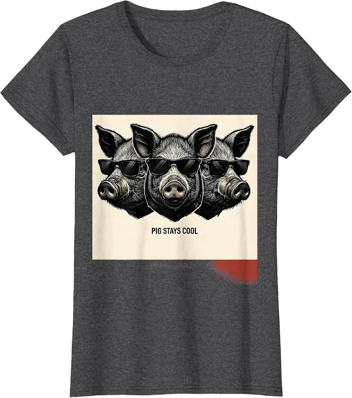 Women's Pig Stays Cool Linocut Funny Pig Lover Animal Humor T-Shirt - Dark Heather Grey