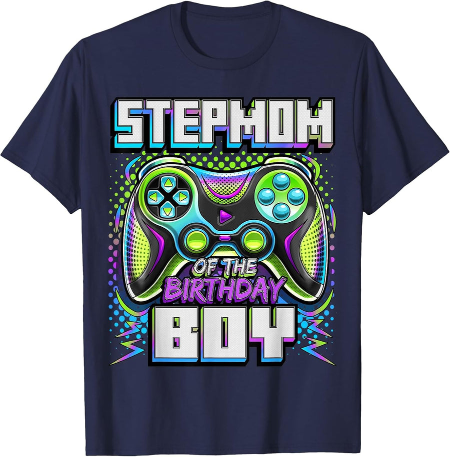 Stepmom of the Birthday Boy Matching Family Video Game Party T-Shirt - Navy Blue