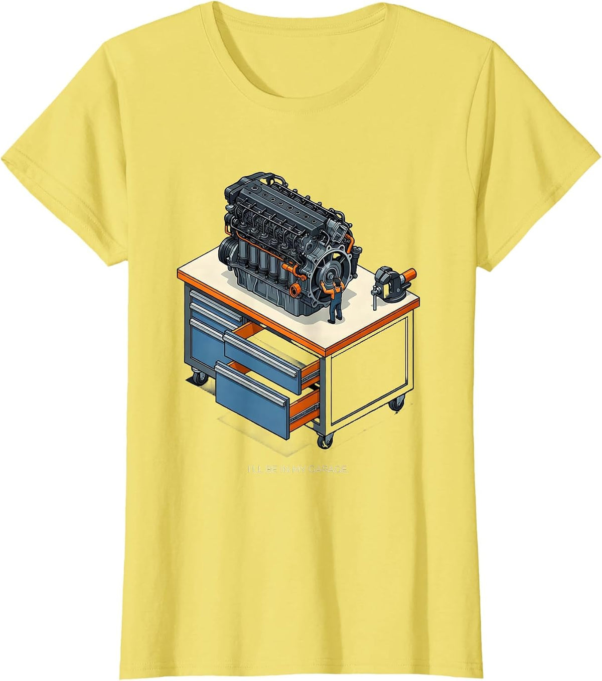 I'll Be In My Garage Isometric Mechanic Dad Joke Car Guy T-Shirt - Lemon Yellow