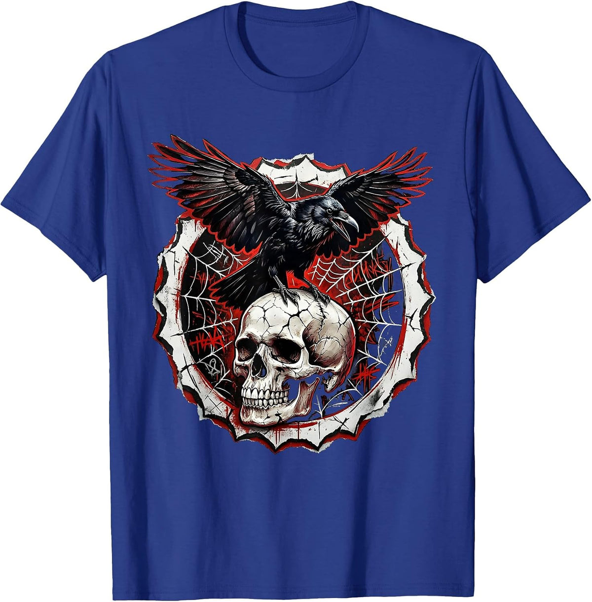 Crow Perched on Skull Dark Gothic Metal Design T-Shirt - Royal Blue