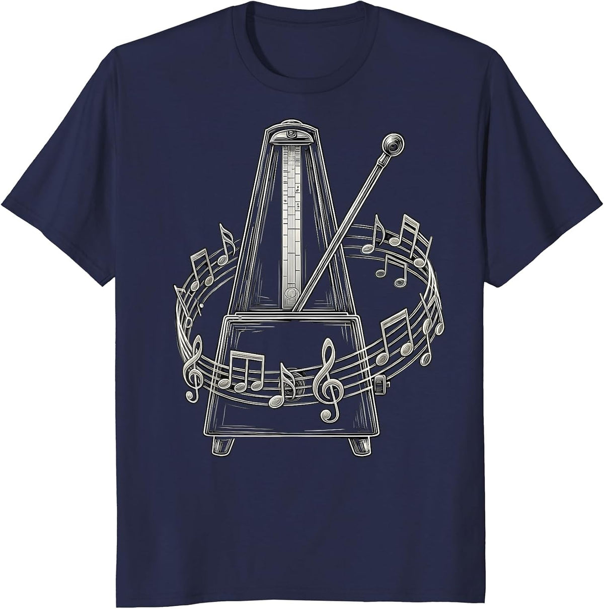 Music Teacher Metronome Musical Notes Graphic T-Shirt - Navy Blue