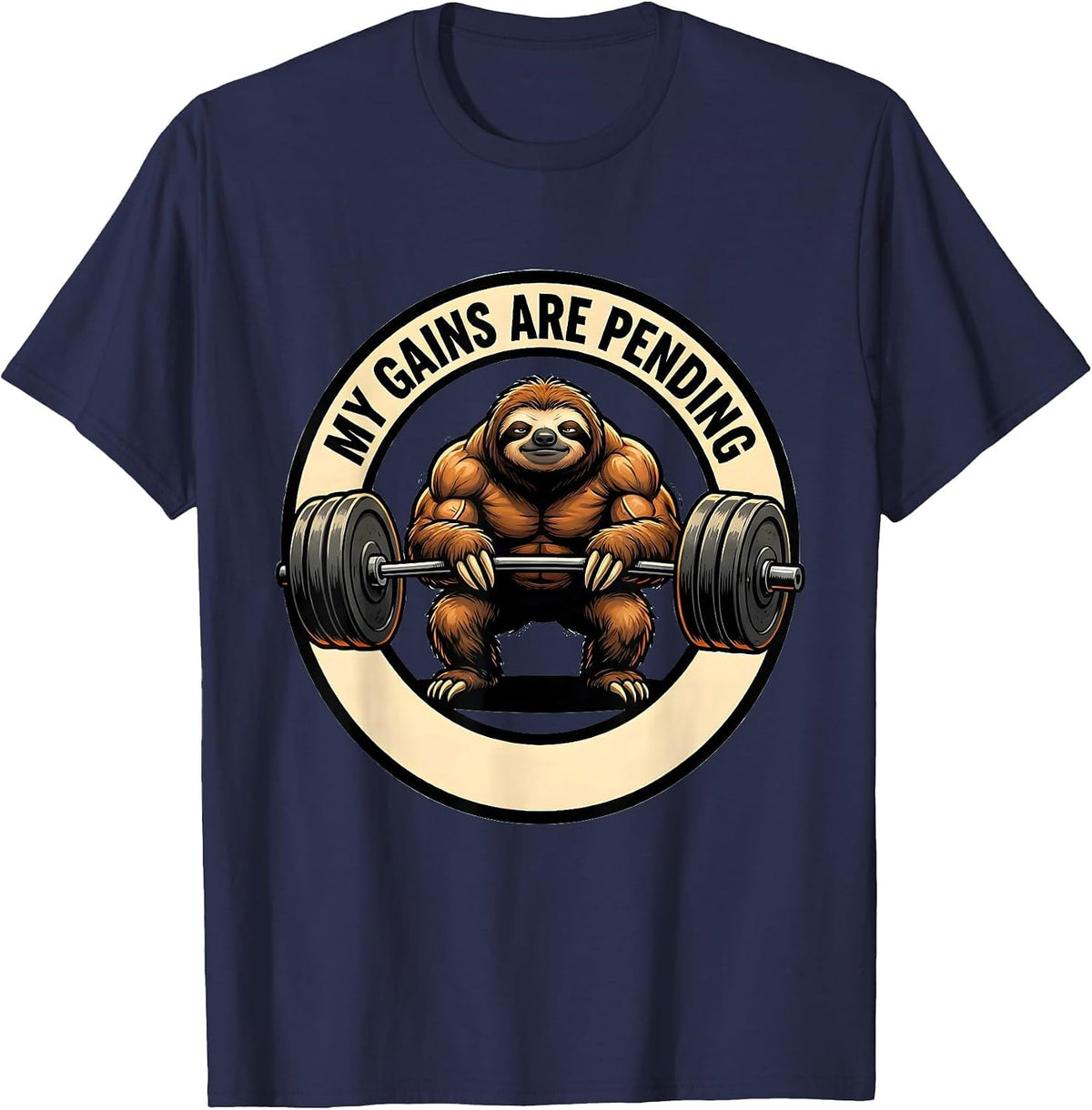 Men's My Gains Are Pending Funny Gym Cartoon Weightlifting Workout T-Shirt - Navy Blue