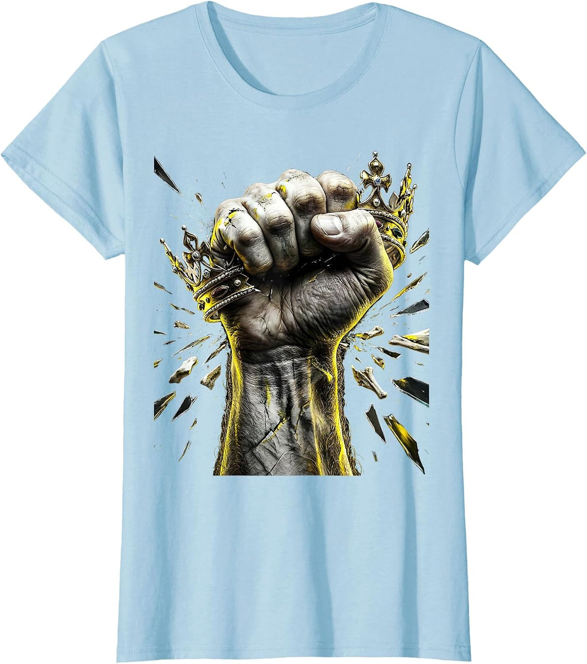Worker's Fist Crushing Crown Labor Power Art T-Shirt - Baby Blue