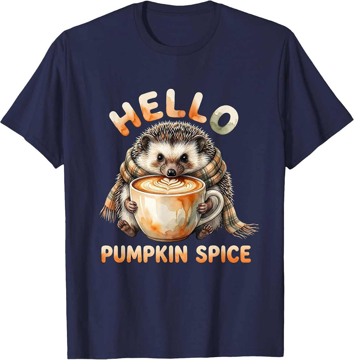 Hello, Pumpkin Spice Watercolor Hedgehog Cozy Fall Humor T-Shirt - Navy Blue