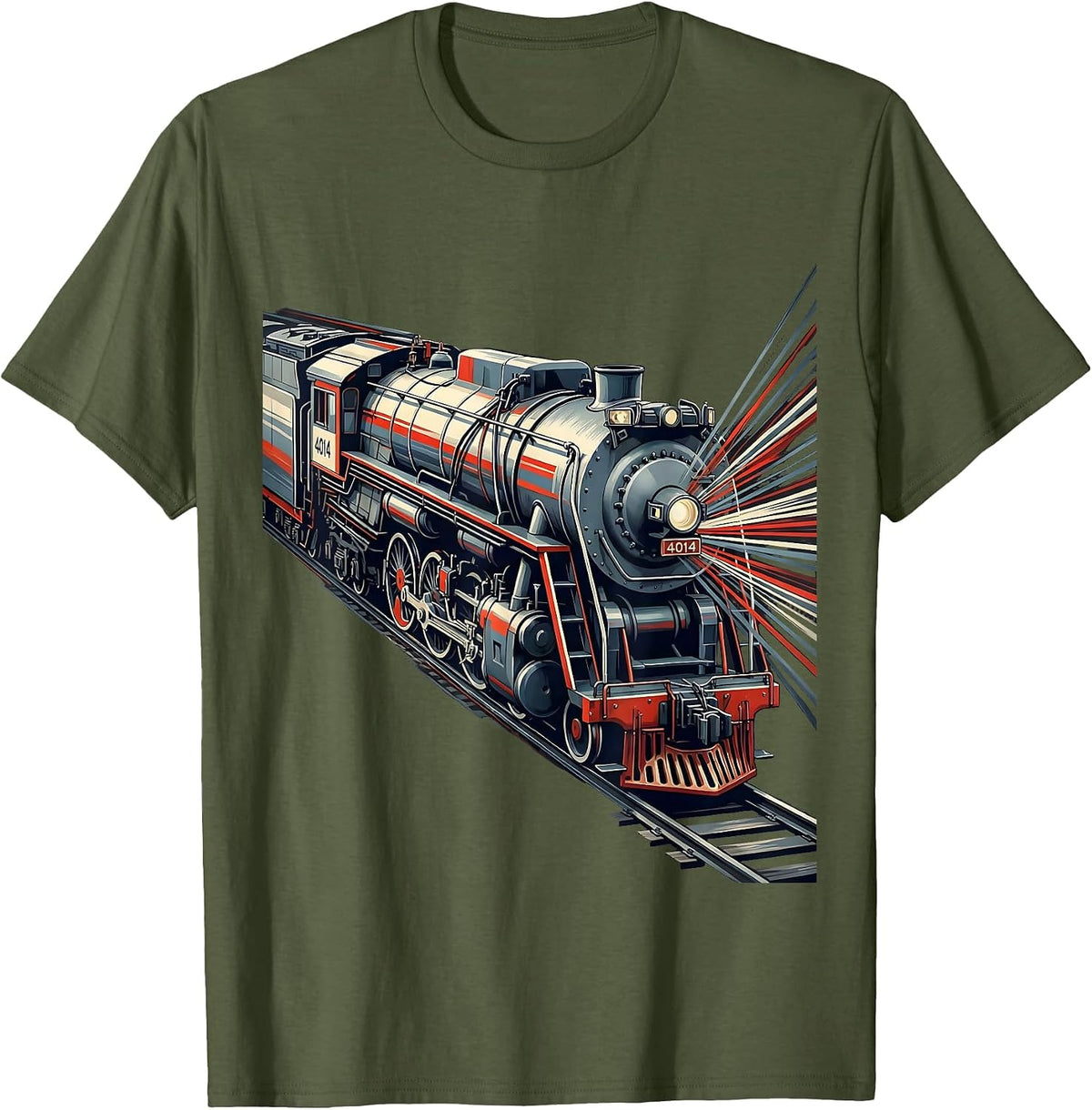 Men's 4014 Futurist Steam Locomotive Railroad Enthusiast Model T-Shirt - Olive Green