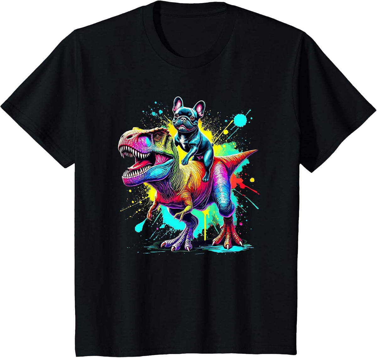 Splash Art Dinosaur T-Rex French Bulldog Frenchie T-Shirt - Black