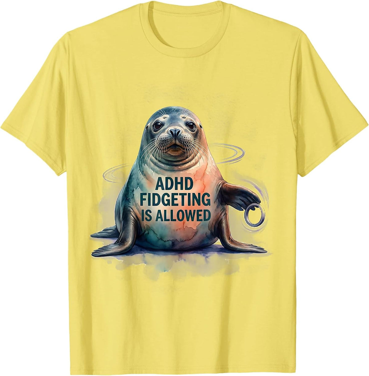 Men's ADHD Fidgeting Is Allowed Watercolor Seal Neurodivergent T-Shirt - Lemon Yellow