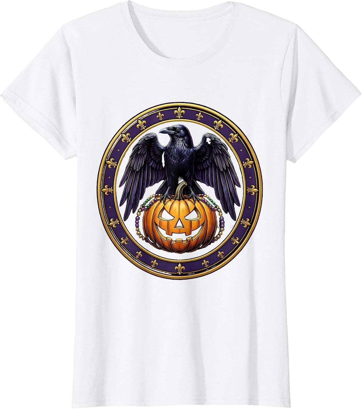 Women's Mardi Gras Crow on Glowing Jack-O-Lantern T-Shirt - White