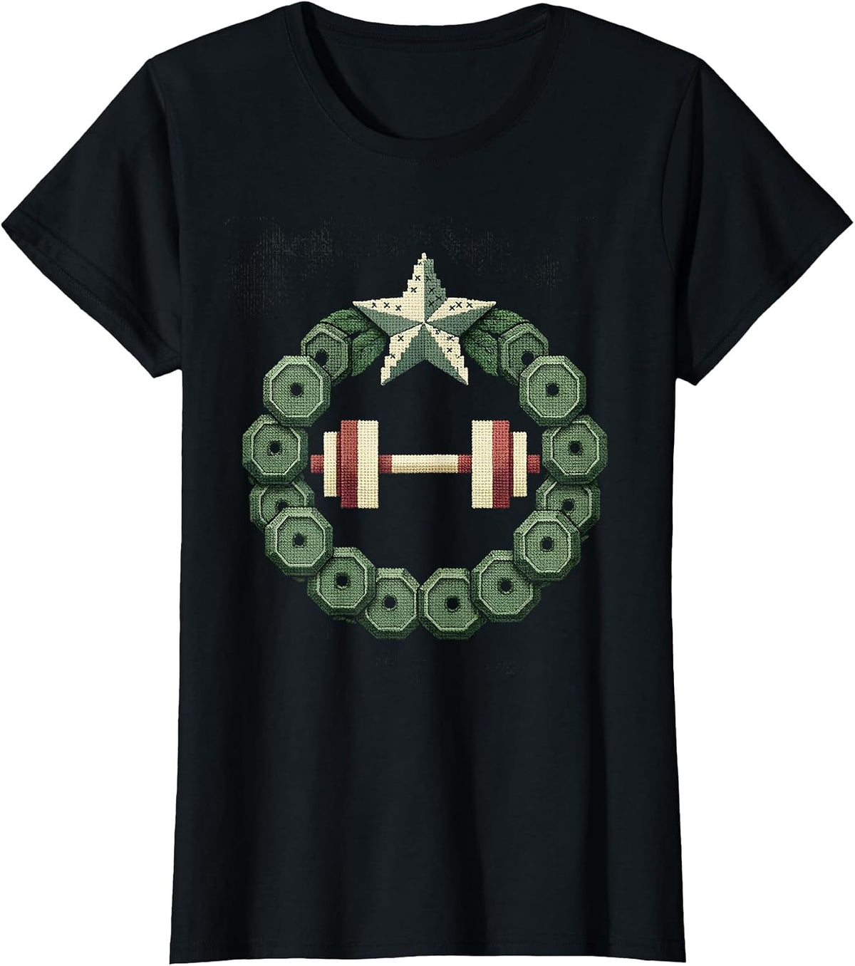 Circular Badge Weightlifting Wreath Christmas Gym Humor T-Shirt - Black