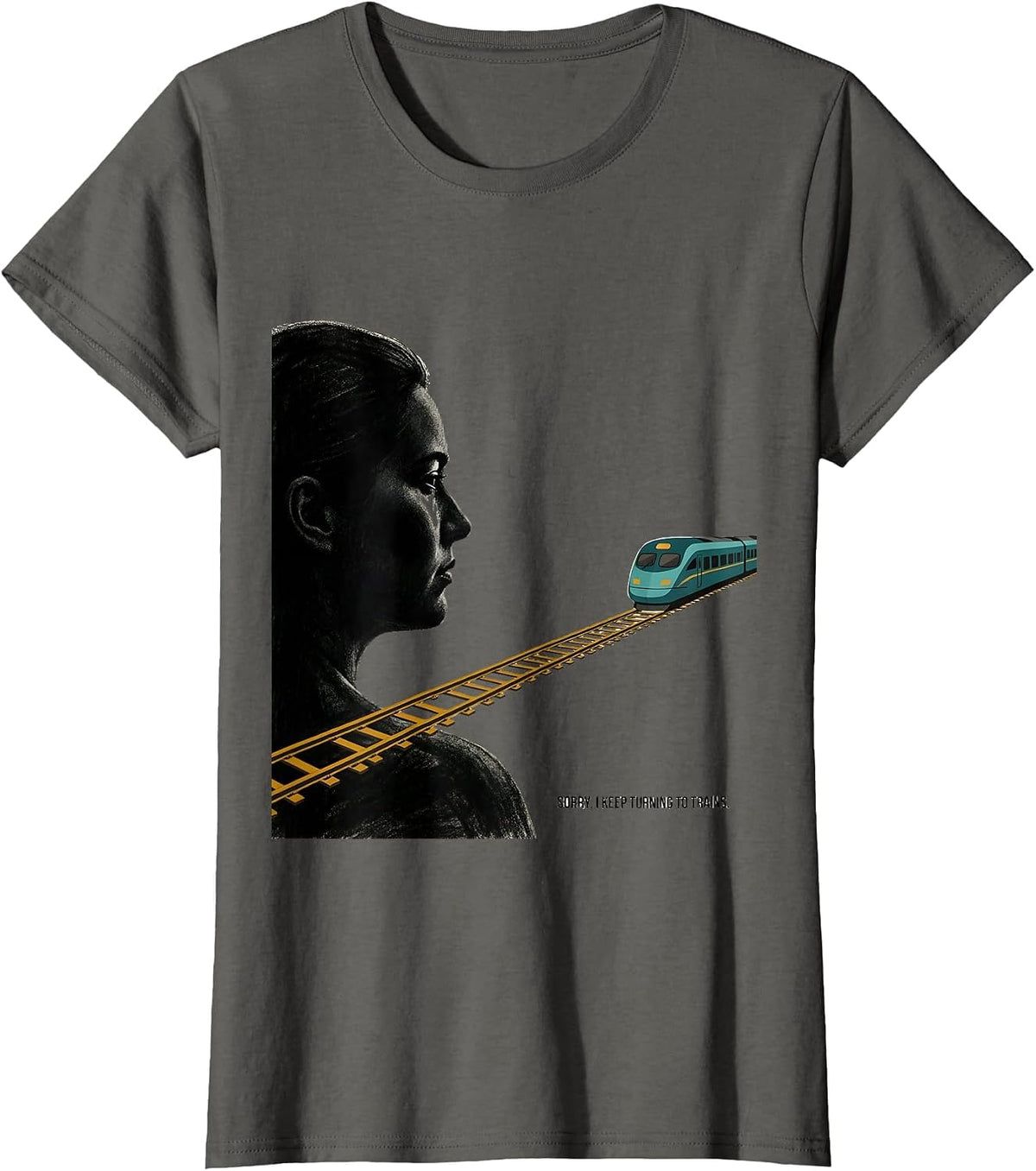 Women's Sorry, I Keep Turning To Trains Midcentury Modern Train T-Shirt - Asphalt Grey