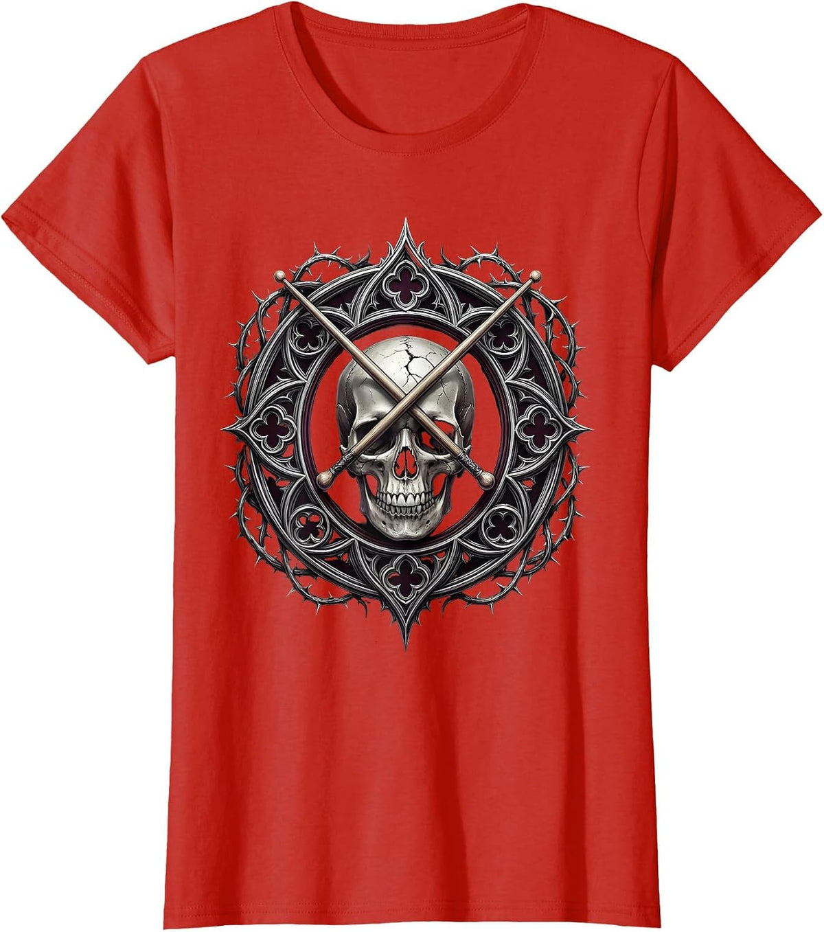 Women's Crossed Drumsticks Cracked Skull Vintage Rock Design T-Shirt - Red