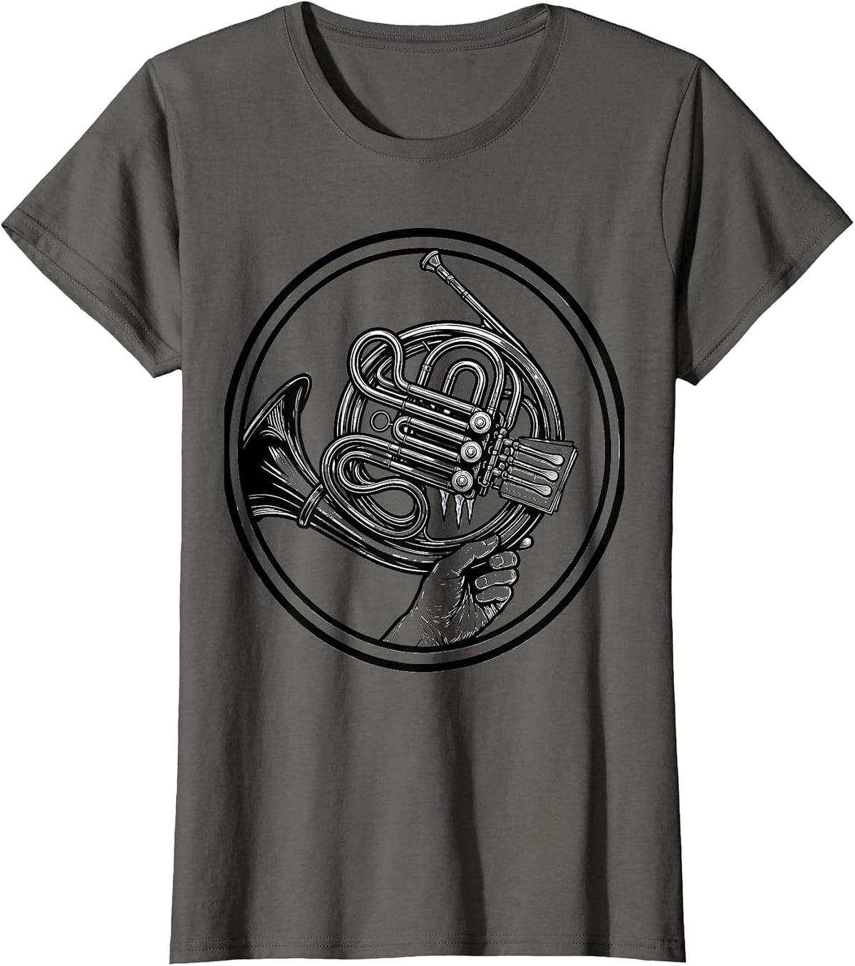 Women's French Horn Badge Line Art Band Player Humor T-Shirt - Asphalt Grey
