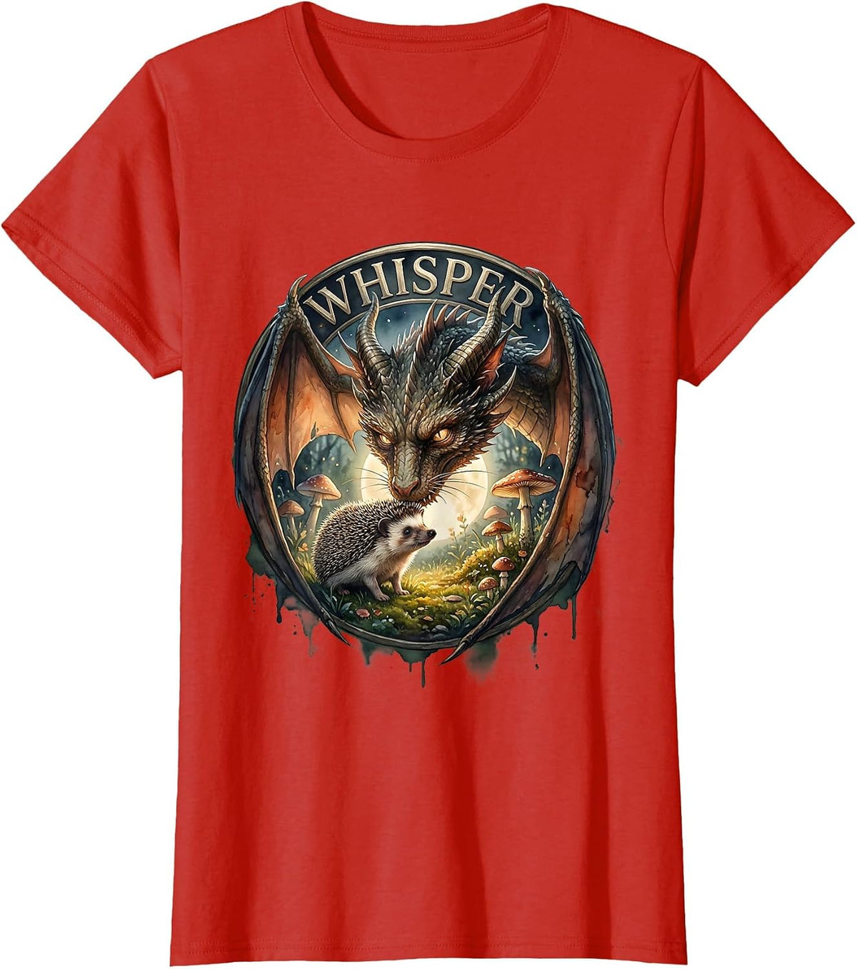 Women's Whisper Watercolor Dragon Cat Nose Boop Full Moon Fantasy T-Shirt - Red