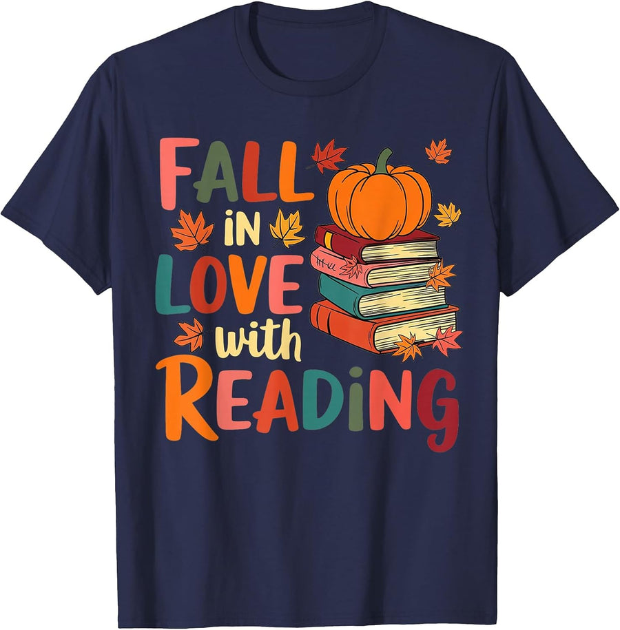 Fall in Love with Reading Autumn Thanksgiving Shirt Teacher T-Shirt - Navy Blue