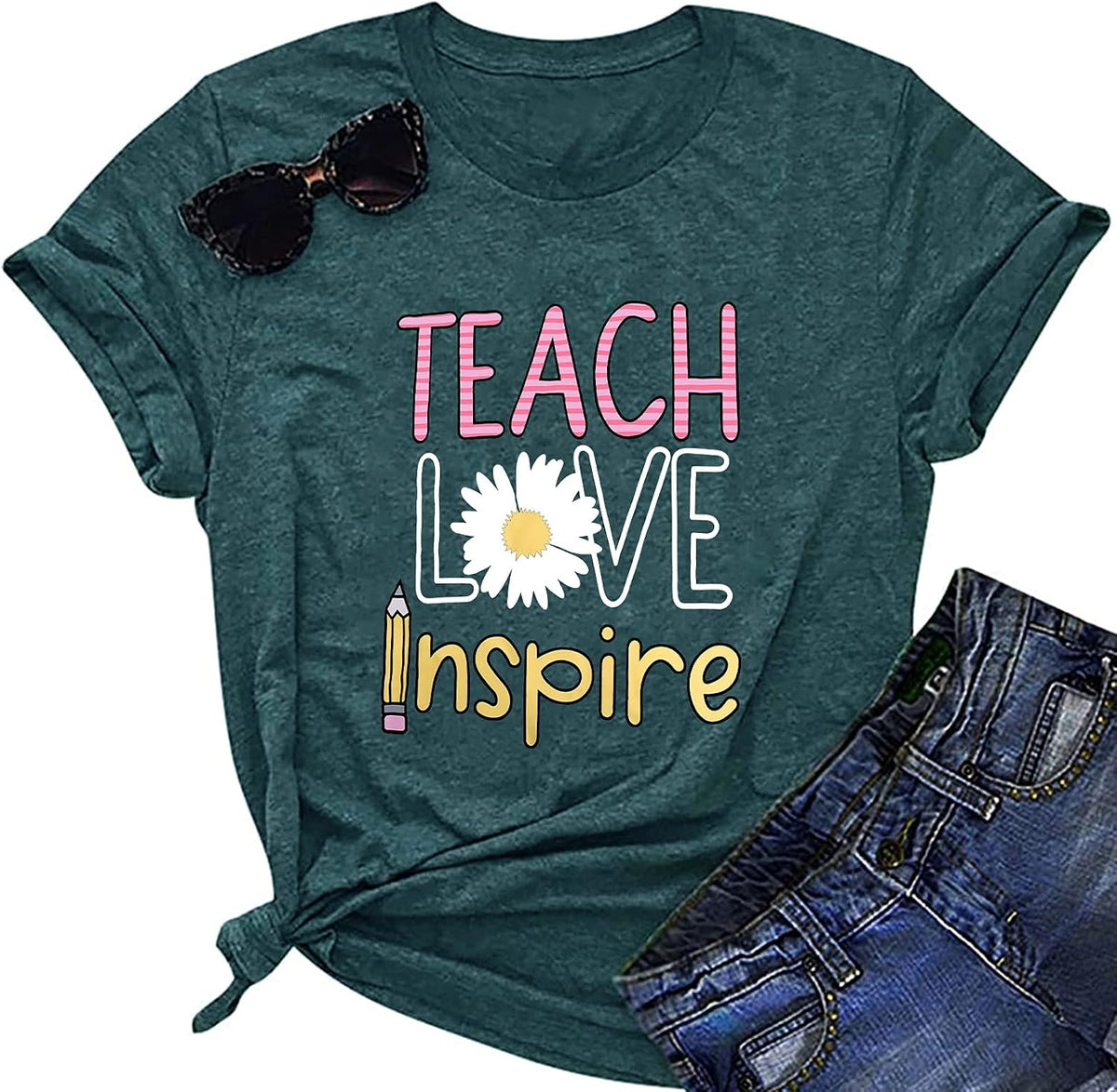 Women's T-Shirt Teaching Kindness Teacher Shirt Funny Short Sleeve Inspirational Graphic Tee Top - Green